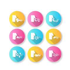 Nose smelling scent flat design long shadow glyph icons set. Person sniffing good and bad odor. Evaporation flow. Perfume odour. Aromatic fragrance. Fume swirls. Silhouette RGB color illustration