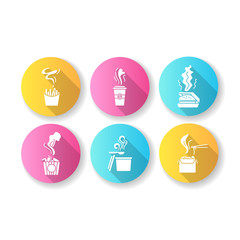 Hot food steam flat design long shadow glyph icons set. Fastfood good smell. Prepared snack smoke. Aromatic french fries, burger. Takeaway coffee heat swirls. Silhouette RGB color illustration