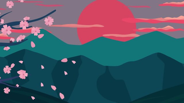 Japanese Sakura on the background of mountains and the setting sun. 2d animation