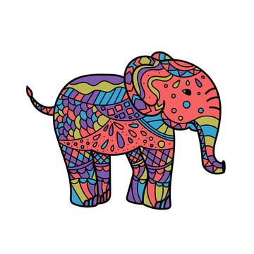 colorful elephant . Hand drawn elephant coloring page. Coloring book page for adults, joy to order children and adult colorist. Black and white background. Vector