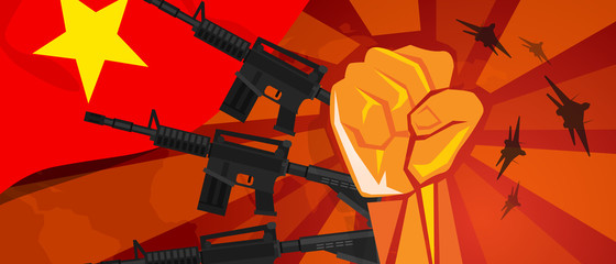 Vietnam war propaganda hand fist strike with arm weapon plane and flag. Vintage red symbol of aggression rebellion and army defense