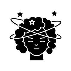Dizziness black glyph icon. Person feeling sick. Stroke in head from heat. Spinning around. Early sign of pregnancy. Vertigo experience. Silhouette symbol on white space. Vector isolated illustration