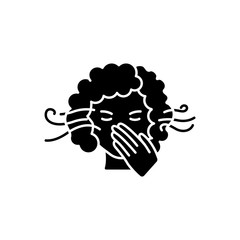 Smell sensitivity black glyph icon. Early symptom of pregnancy. Migraine sign. Bad breath. Person covering mouth. Hygiene and sanitation. Silhouette symbol on white space. Vector isolated illustration
