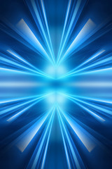 Fototapeta premium Abstract blue furutic background. Rays and lines, symmetrical reflection, blue neon. Abstract empty scene with beams and light of spotlights.
