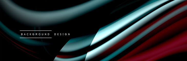 Сolorful flow poster. Wave liquid lines and shapes in black color background. Vector Illustration