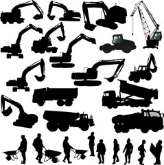 heavy machinery and worker silhouettes isolated on white