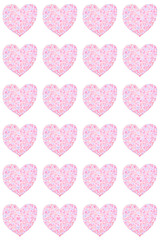 repeating pattern. a heart shape consisting of small pink and lilac hearts