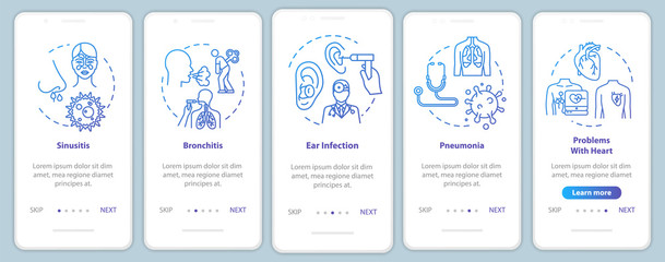 Fototapeta na wymiar Lung disease onboarding mobile app page screen with concepts. Medical check. Otolaryngology treatment walkthrough 5 steps graphic instructions. UI vector template with RGB color illustrations