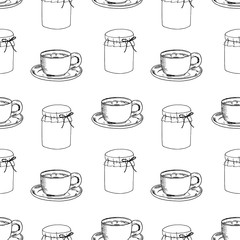Seamless pattern with elements of candy table, cup with cappuccino, jars with marmalade. hand drawn black and white illustration on white background.
