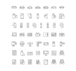 Mobile devices pixel perfect linear icons set. Smartphone, laptop, computer. E-reader, camera, powerbank. Customizable thin line contour symbols. Isolated vector outline illustrations. Editable stroke