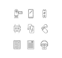 Mobile devices pixel perfect linear icons set. Powerbank, smartphone, video camera. Flash drive. Customizable thin line contour symbols. Isolated vector outline illustrations. Editable stroke
