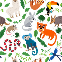 Wild South America animals seamless pattern in flat style
