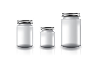3 sizes of blank clear round jar with silver screw lid for supplements or food product. Isolated on white background with reflection shadow. Ready to use for package design. Vector illustration.