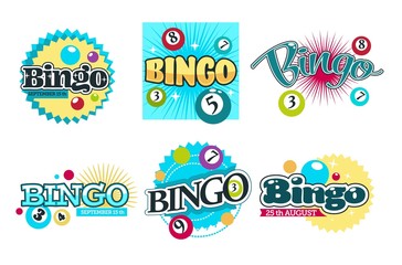 Bingo game logo set of six with colorful nambered balls