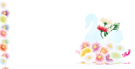 春の花いっぱいスワンの器にガーベラのカラフルな花のイラストホワイトバナー素材