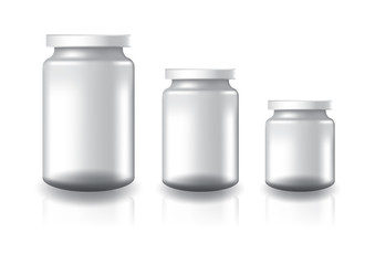 3 sizes of blank clear round jar with white flat lid for supplements or food product. Isolated on white background with reflection shadow. Ready to use for package design. Vector illustration.