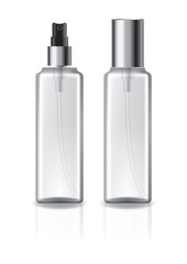 Clear square cosmetic bottle with silver lid and spray head for beauty or healthy product. Isolated on white background with reflection shadow. Ready to use for package design. Vector illustration.