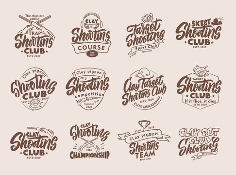 Set of vintage Clay Shooting emblems and stamps. Sports badges, templates and stickers for club