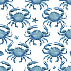 Seamless pattern with sea crabs. watercolor Marine background