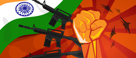 India war propaganda hand fist strike with arm plane and flag. Vintage red symbol of aggression and rebellion