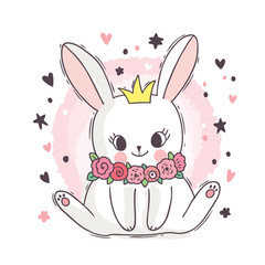 Cartoon cute adorable white rabbit and  flower and crown vector.