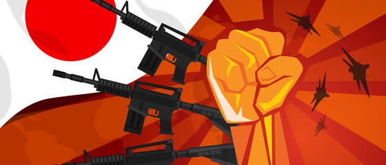 Japan Retro style of war propaganda hand fist strike with arm plane and flag. Vintage red symbol of aggression and rebellion
