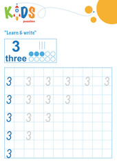 Learning numbers. Learn and write numbers. Easy colorful worksheet for preschool, elementary and middle school kids.