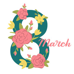 International Women's Day banner. 8 March card with hand lettering. Vector flat illustration.