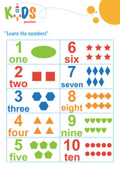 Learning numbers worksheet. Math worksheet. Easy colorful worksheet for preschool, elementary and middle school kids.