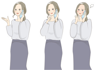 スマホで話す　女性　かわいい　表情　イラスト 素材