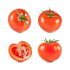 Fresh red tomato collection whole and half isolated on white background