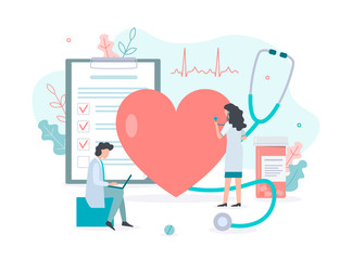 Doctors check heart health. Medicine concept with tiny people. Flat vector illustration.