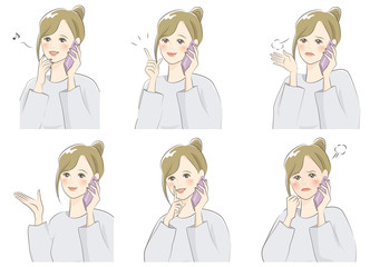 スマホで話す　女性　かわいい　表情　イラスト 素材