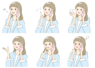 スマホで話す　女性　かわいい　表情　イラスト 素材