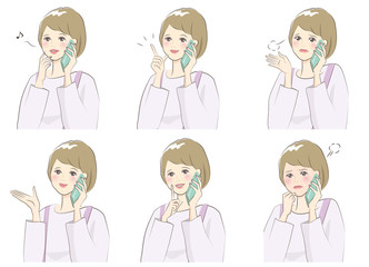 スマホで話す　女性　かわいい　表情　イラスト 素材