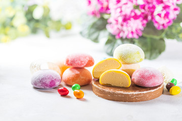 Japanese ice cream Mochi in rice dough. Traditional Japanese dessert on white background.