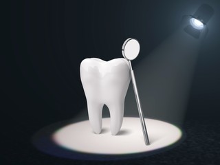 Human's white tooth and dentist mirror