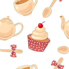 Vector pattern with cupcakes and tea