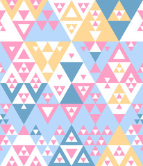 Pastel colored blue pink yellow and white various triangles geometric abstract ethnic seamless pattern, vector