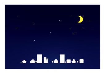 夜空　街と月　背景素材　三日月