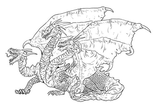 Three headed dragon coloring page. Outline illustration. Dragon drawing coloring sheet.
