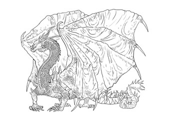 Dragon coloring page. Outline illustration. Dragon drawing coloring sheet.