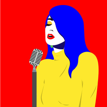 Girl with pop art style sings in blues style. Bright color illustration of a girl