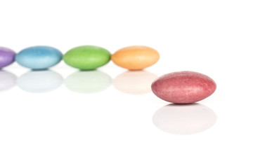 Group of five whole sweet colourful candy isolated on white background