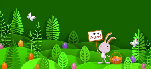 Naklejka premium Easter papercut layered design with bunny, eggs, stylized trees Vector