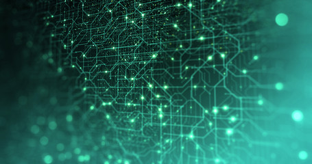 Abstract digital city. Digital Circuit board, Motherboard, Digital chip. Digitalization of Information: IT, IOT, Server, Data Center. Animated Visualization of Network Data. 3D render