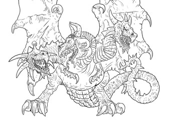 Three headed dragon coloring page. Outline illustration. Dragon drawing coloring sheet.