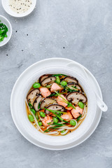 Salmon Noodle Soup with shiitake mushrooms, edamame beans and green onion.