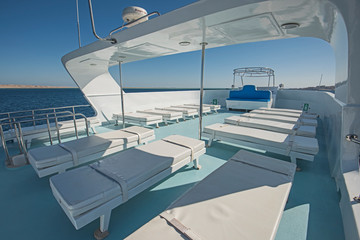View over the sundeck of a large luxury motor yacht
