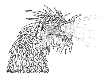 Dragon head coloring page. Outline illustration. Dragon drawing coloring sheet.